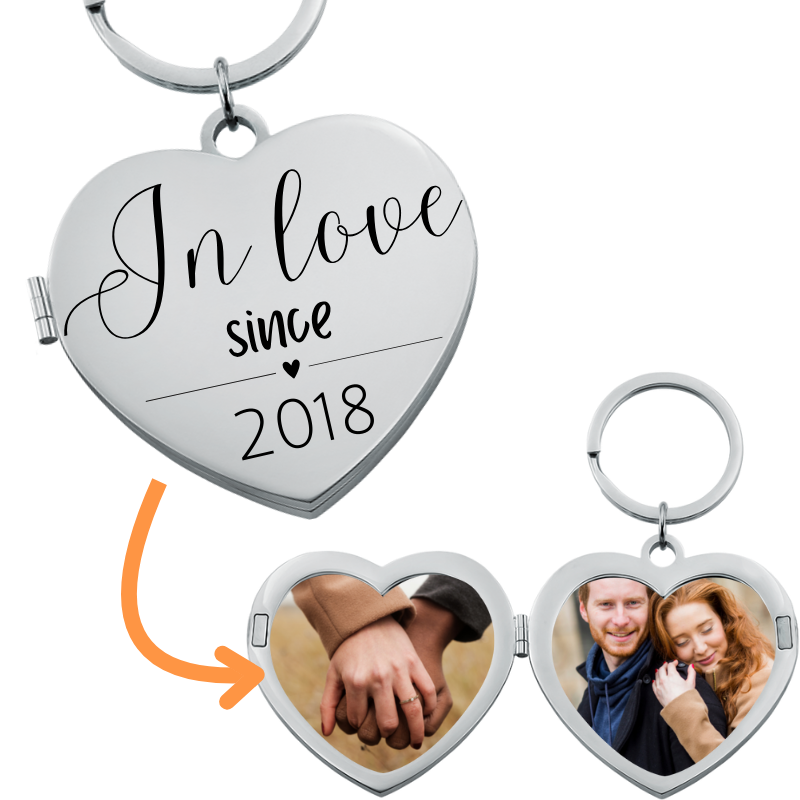 Personalised Couple's Locket Keyring with Photos plus 'In Love Since' Engraving