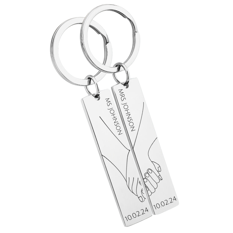 Personalised Couples' Holding Hands Heart Keyrings—Engraved Names and Dates